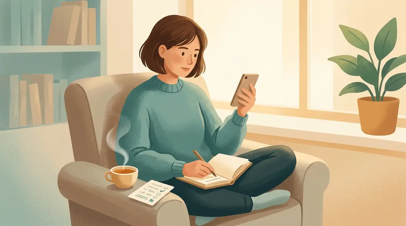 Rustige hulproute met telefoon, notities en pauzemoment bij speeldrang