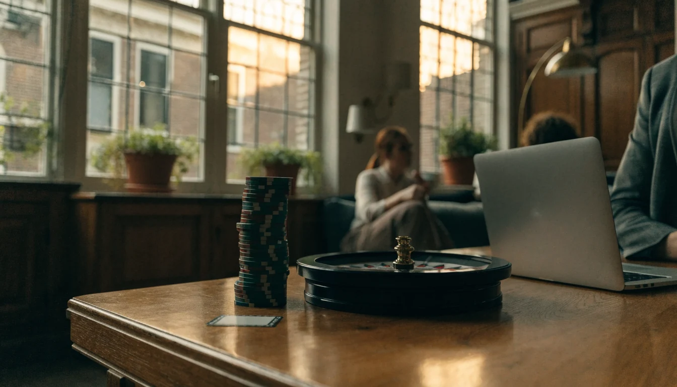 Houten tafel met casinofiches en roulettewiel in een Nederlands interieur