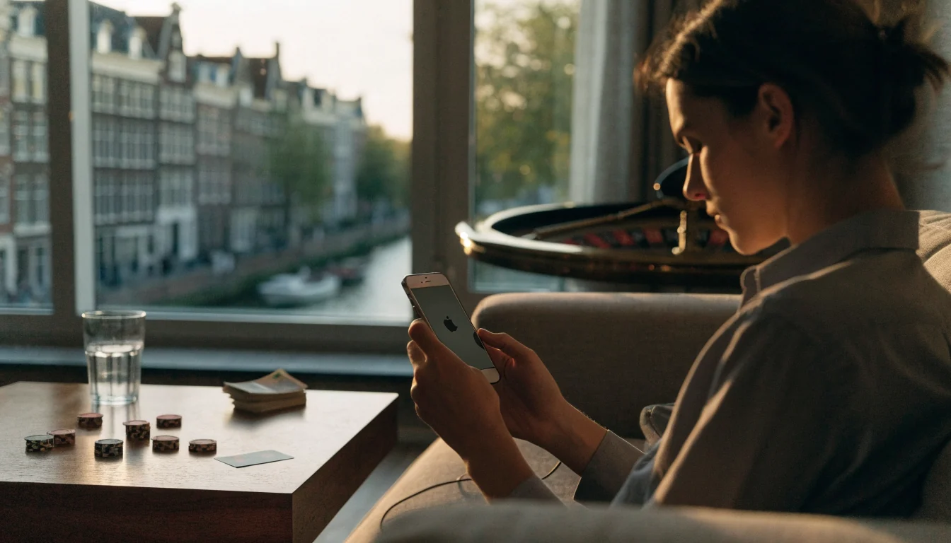 Persoon met iPhone in modern Nederlands interieur met casinofiches en roulette op tafel