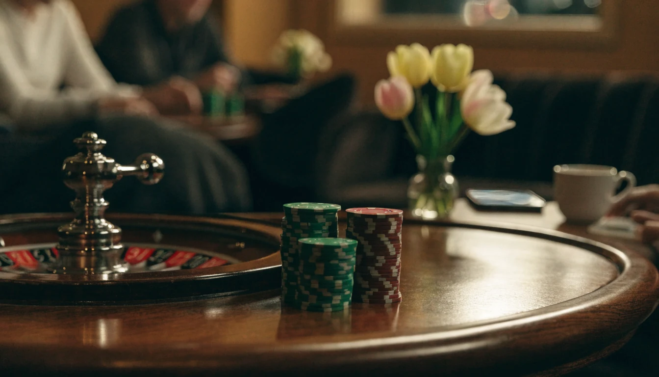 Elegant casino tafel met roulette en chips in Nederlandse sfeer